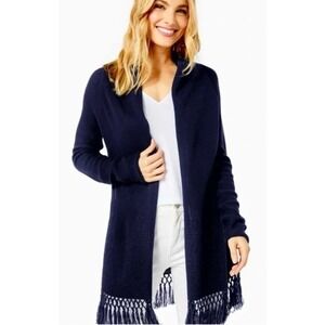 Lilly Pulitzer Tatum Navy Blue Fringe Cardigan Sweater Macrame Hem Small
